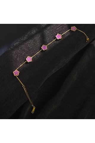 Çelik Bileklik Dört Yapraklı Küçük Yonca Pembe Sedef Taşlı Uzunluk 18 Cm Gold Altın - Gold