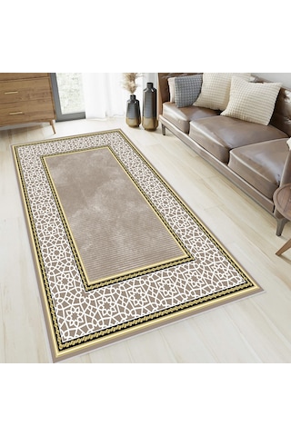 Rovigo Home Dijital Baskı Yıkanabilir Kaymaz Taban Salon Halısı Rvg0656 Kahverengi