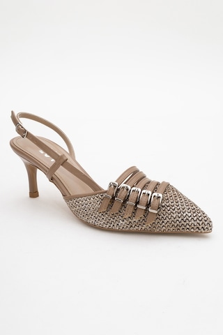 Luvishoes Luvi Shoes Zenith Koyu Bej Hasır Bantlı Tokalı Kadın Topuklu Ayakkabı Koyu Bej
