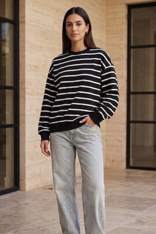 Rovebella Breton Çizgili İnce Penye Sweatshirt Siyah