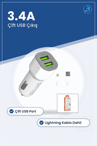 Araç Şarj Cihazı Çift Usb 3.4a 2.0a Hızlı Başlık Lightning Kablo
