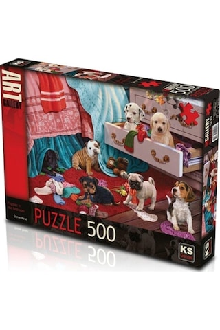 Puzzle 500 Parça Puppies In The Bedroom