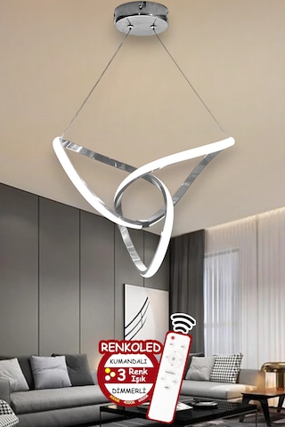 Kumandalı 3 Renk Işıklı Modern Sarkıt Led Avize Krom Kasa Salon, Krom