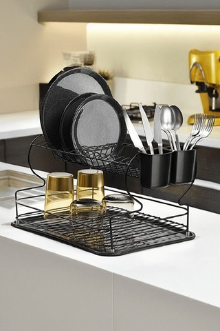 Siyah 2 Katlı Bulaşıklık – Dayanıklı Paslanmaz Metal Tabaklık, Termo Plastik Kaplama, Alt Tepsili - (TB-02 E)