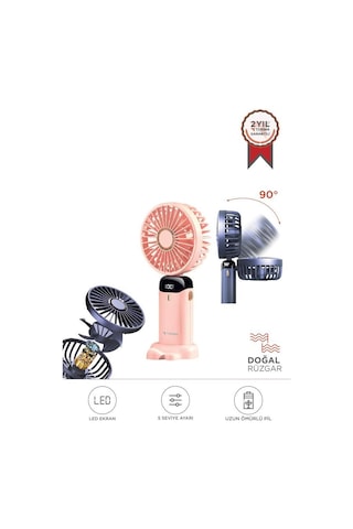Torima F-19 Pembe Dijital Ekranlı Şarjlı 90 Derece Ayarlanabilir Başlıklı Mini Masa Fan Vantilatör