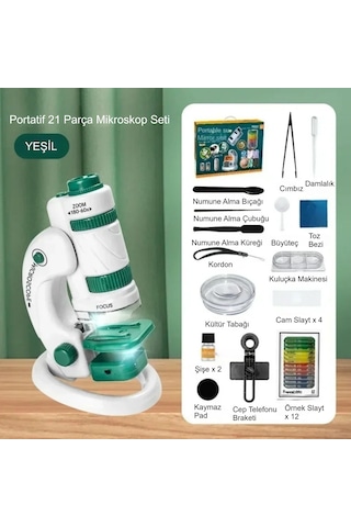 Triline Mikroskop Deney Seti 180x Portatif Led Işıklı Eğitici Öğretici 21 Parça Mobil Mini Taşınabilir