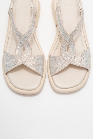 Luvishoes Aurora Ekru Hakiki Deri Taşlı Kadın Sandalet Ekru