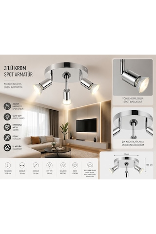 3'lü Krom Spot Armatür GU10 Duy Metal Tavan Spotu Modern Salon Aydınlatması (Ampul Hariç)