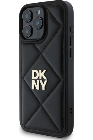 Apple Uyumlu iPhone 16 Pro Kılıf Dkny Lisanslı Kapitone Tasarımlı Metal Logolu Deri Kapak Siyah