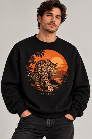 Gıovera Y Jaguar Premium Oversize Erkek Sweatshirt %100 Pamuk Siyah