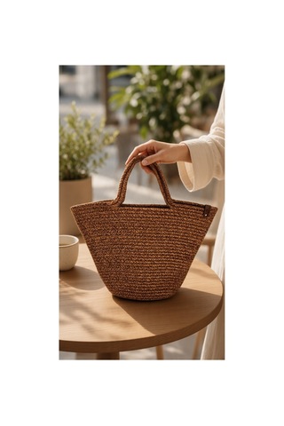 Nakkaş Home Collection Jüt Kadın Çanta Hasır Görünümlü Omuz Çantası, Plaj Ve Günlük Kullanım-kahverengi-40x27 Cm