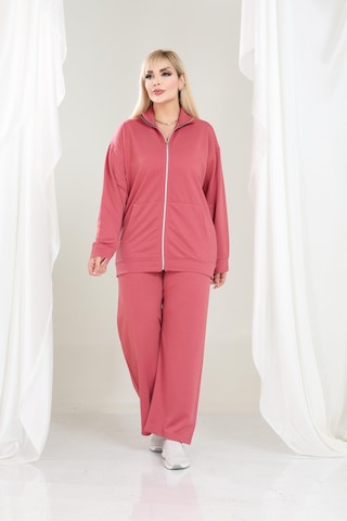 Kadın Büyük Beden Fermuarlı Uzun Kollu Rahat Günlük Eşofman Takım Pembe