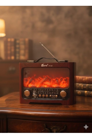 Fp-821 Nostaljik Radyo Şömine Görünümlü Led Işık Fenerli Bluetooth,hafıza Kartı,usb Bellek,aux Ve Radyo Destekli Hoparlör Kızıl Ahşap