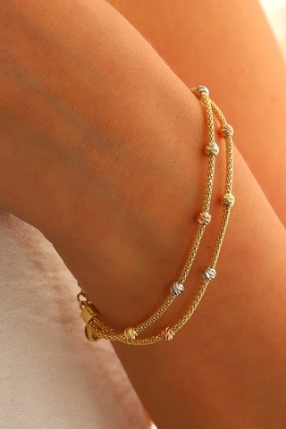 Moom Mücevherat 14 Ayar Altın Dorika Toplu Altın Bileklik Popcorn Renkli Toplar İki Sıra Çok Renkli