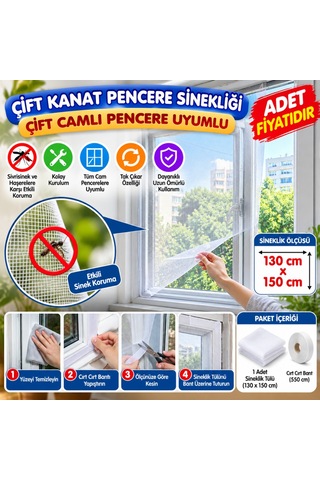 Tüm Cam Pencere Kapılara Uyumlu Çift Kanat Pencere Sinekliği Adet