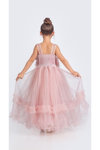 Mnk Baby & Kids Uzun Etekli , Askılı Kız Cocuk Gül Motif Abiye Elbise M00670 Pudra