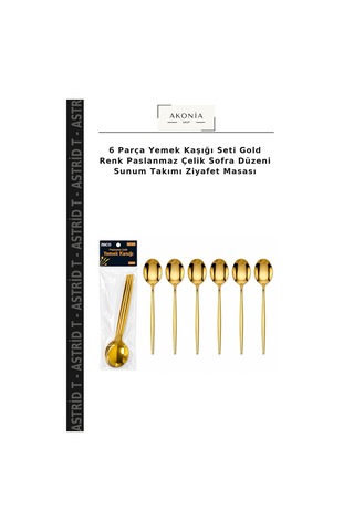 6 Parça Yemek Kaşığı Seti Gold Renk Paslanmaz Çelik Sofra Düzeni Sunum Takımı Ziyafet Masası Çok Renkli