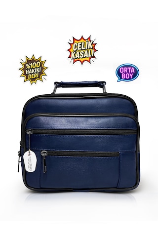 Westbag Erkek Siyah Yatay Model Çelik Kasalı Hakiki Deri El Ve Omuz Çantası Orta Boy Lacivert