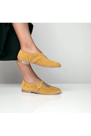 Ne&ve Shoes Hardal Süet Hakiki Deri Tokalı Kadın Babet