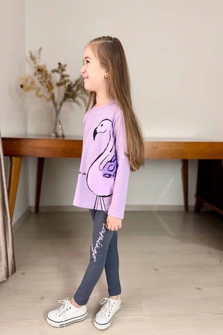 Flamingo Desenli Lila Renk Kız Çocuk Mevsimlik Taytlı Takım Lila