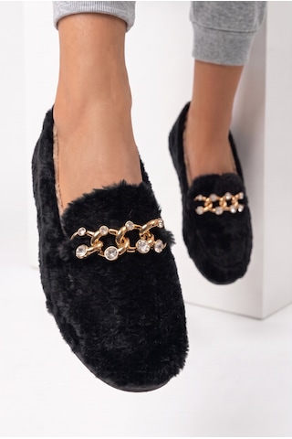 Nmoda Kadın Peluş Panduf Gold Zincir Taşlı Aksesuarlı Kapalı Loafer Yumuşak Tabanlı Kışlık Rahat Babet Siyah