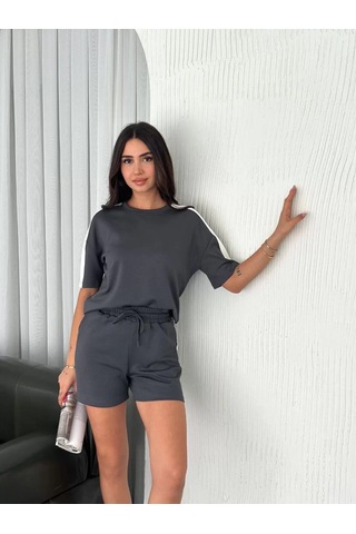 Osy Modal Yumuşak Dokulu Kumaş Kadın Parçalı Bisiklet Yaka T-shirt Kısa Şort İkili Takım - Antrasit Antrasit