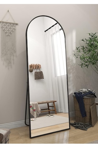 Zer 160x55 Kemerli Zemin Aynası,tam Boy Aynalı Duvar Aynası, Yatak Odası, Giyinme Odası İçin Standlı Siyah