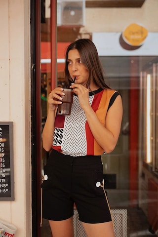 Kadın Desenli Blok Renkli Kolsuz Bluz Frn1108 Kırmızı