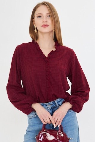 Armonika Kadın Bordo Yakası Ve Önü Fırfır Detaylı Kolları Lastikli Uzun Kollu Bluz Arm-25k001030