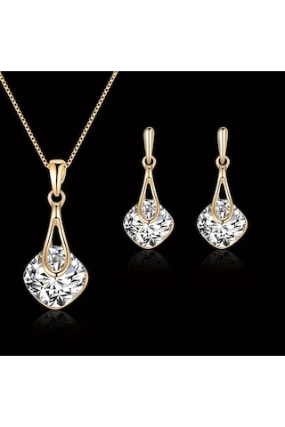 Moda Zarif Kolye, Küpe Swarovski Taşlı Set, Sevgililer Günü Altın - Beyaz