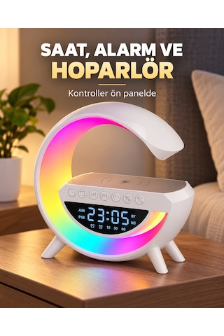 Şarjlı Hoperlör 7 Led Işıklı Bluetoothlu Alarm Saat Şarj İstasyonu Ritme Göre Renk