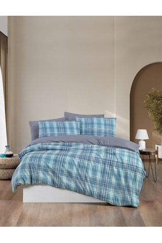 Mystory Home Lastikli Çarşaflı Çift Kişilik Nevresim Takımı Ekose Indigo