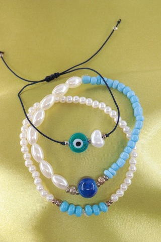 3lü Nazar Boncuklu İncili Boncuklu Asansörlü Lastikli İp Bileklik. Kadın İp Bileklik Halhal Çok Renkli