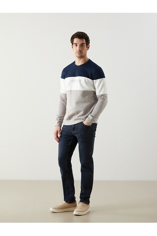 Lcwaıkıkı Classic Bej Bisiklet Yaka Uzun Kollu Renk Bloklu Erkek Sweatshirt