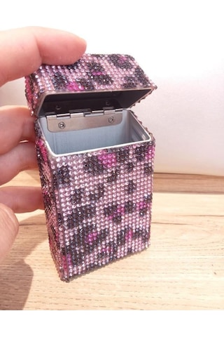 Nesgıft Pembe Leopar Swarovski Taşlı Slim (İnce) Uzun Sigara Kutusu