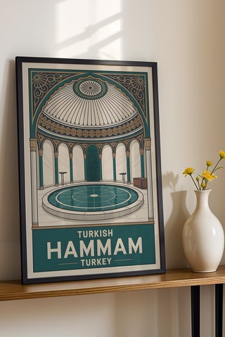 Türk Hamamı Tablo - Retro Banyo Dekoru - Geleneksel Hamam Kültürü Serisi - Çerçeveli Duvar Posteri Siyah