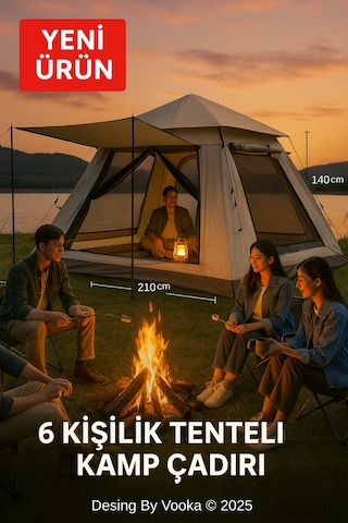 6 Kişilik Otomatik Kamp Çadırı Sineklikli & 3000 Mm Su Geçirmez Outdoor Çadır Bej