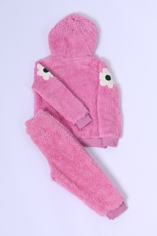 Hçm Kız Çocuk Peluş Alt-üst Takım Çiçek Baskılı Kapşonlu D25 Pembe