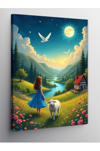 Kanvas Tablo Yeşil Vadide Kız Ve Kuzu 70cmx100cm