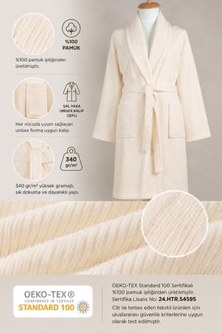 Çizgili Bornoz %100 Sertifikalı Pamuk Şal Yaka Unisex Banyo Bornoz / Sabahlık 340 Gr/m2 Krem Renk
