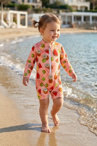 Zuzunga Summer Fruit Desenli Kız Bebek Uzun Kollu Fermuarlı Tulum Mayo