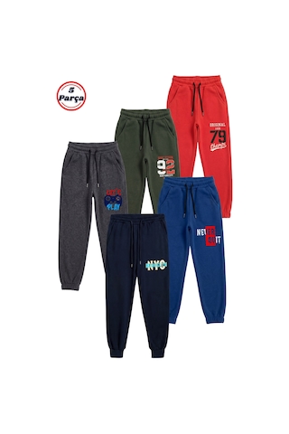 Fyk Kids 5'li Baskı Detaylı Beli Lastikli Erkek Çocuk Jogger Eşofman Altı Kırmızı-haki-füme-indigo-lacivert