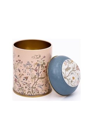 Flora Pink Desenli Yuvarlak Metal Saklama Kabı, 9 X 11 Cm, 0,6 Lt Desenli