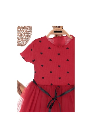 Kalp Baskılı 2-7 Yaş Arası Kırmızı Kız Çocuk Tüllü Elbise Doğum Günü Özel Gün Ve Geceler İçin Kırmızı