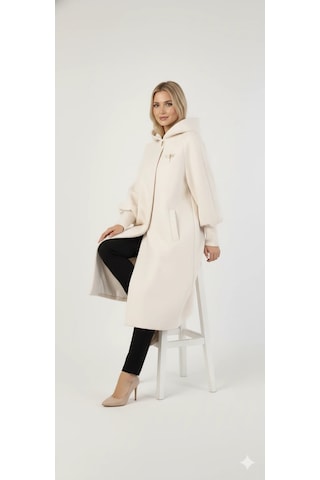 Kadın Gri Kapüşonlu Balon Kol Fermuarlı Kaban Oversize Midi Boy Kışlık Kaşe Mont Bej