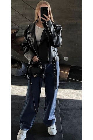 Prifaldi Suni Deri Crop Bıker Ceket Siyah