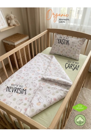 %100 Organik Pamuk Ranforce Bebek Nevresim Takımı - Eko-tex Sertifikalı Antialerjik Set Beyaz - Yeşil