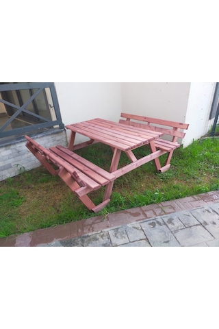 Şen Mobilya Banklı Ahşap Bahçe Masası Piknik Masası P14 Maun