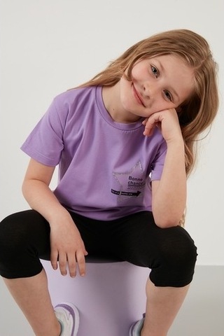 Lela Baskılı Bisiklet Yaka Pamuklu Kız Çocuk T Shirt 6211046 Lila