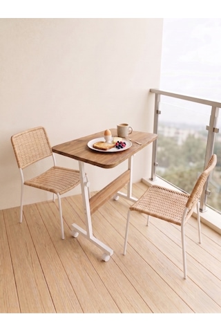 Yükseklik Ayarlı - Atlantik Çam Beyaz Tekerli 60x40 Oval Kenar Dar Balkonlar İçin Kahvaltı Yemek Masası Atlantik - Çam